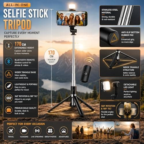 Blushinsta Selfie Stick Tripod with Light 67 inch /170cm Tripod for Mobile Phone Multi Functional Bluetooth Long Selfie Stick for Travel Vlogging (GenZ Stick 170 CM) 4