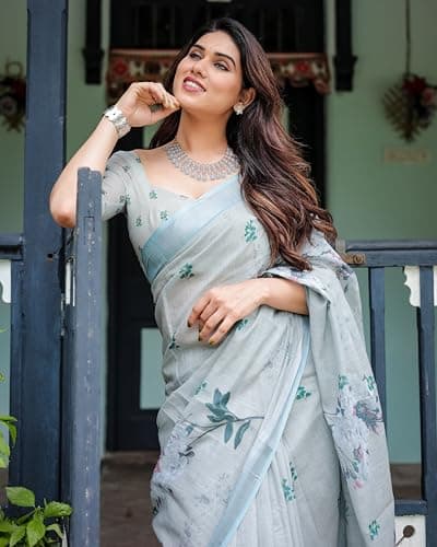 Kaugalian store Linen Cotton Floral Printed Grey & Blue Saree For Women With Unstitched Blouse Piece 4