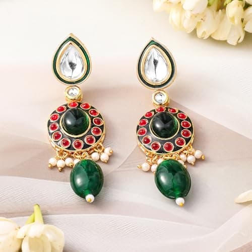 Rubans 24K Gold-Plated Kundan & Green Beaded Choker Necklace Set with Red Stone Accents 5