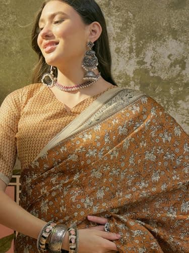 SIRIL Women's Cotton Printed Saree with Unstitched Blouse Piece (5203S642_Dark Mustard) 5