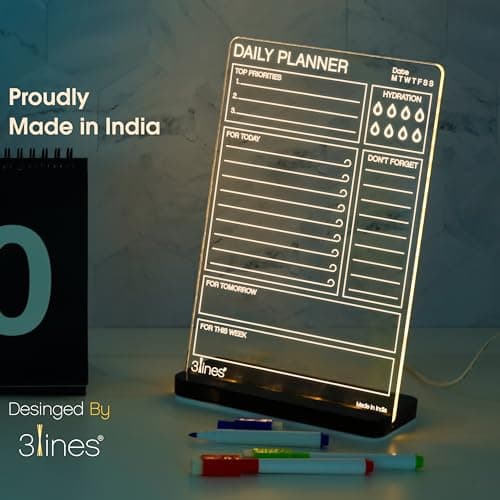 3 Lines Glowrite Illuminate Your Ideas! Acrylic LED Writing Board with USB Stand/Base | Ideal for Home & Office | Unique Gift | Made in India | with 2 Markers | Daily Top Priorities | Regular 5