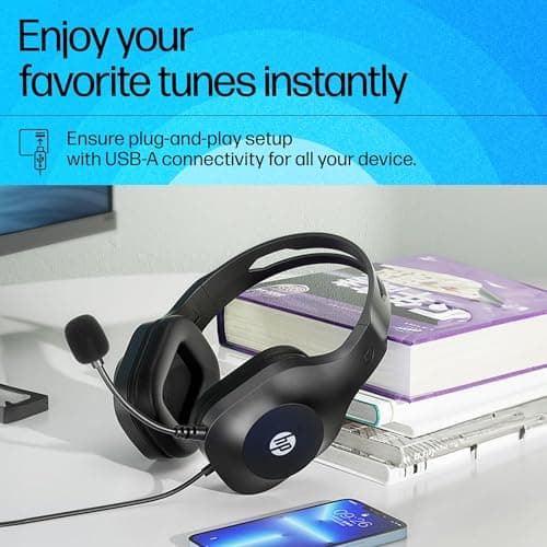 HP H120 Stereo USB Headset, Plug-and-Play USB-A, Built-in Noise-canceling mic, Adjustable Head Strap, Padded Ear Cushions, 360-degree Bendable mic, 1-Year Limited Warranty, Black, 9Z4V9AA 5