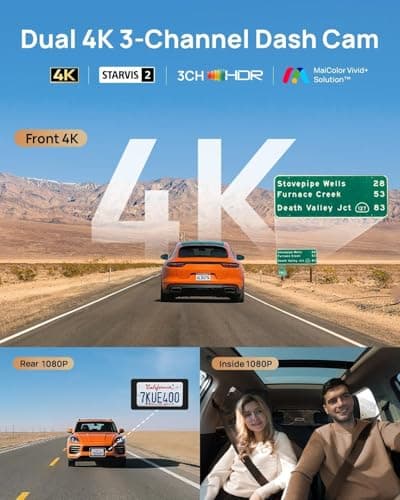 70mai 4K T800 3 Channel Dash Cam, Dash Cam Front and Rear Inside(2160P+1080P+1080P), STARVIS 2 IMX678 & IMX662, HDR Night Vision, WiFi 6, ADAS, Super-Capacitor, 24H Parking Mode, Upto 512GB Supported 2
