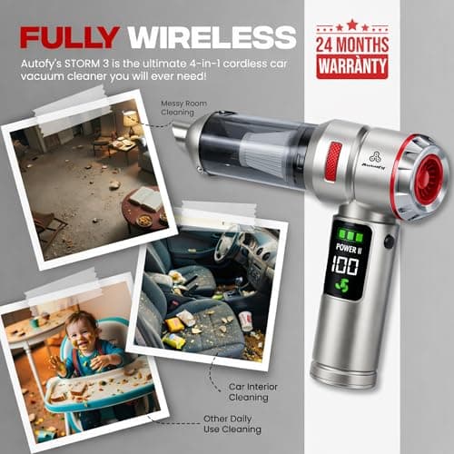 Autofy Storm 3 [4-in-1] Powerful & Fully Wireless Car Vacuum Cleaner Air Blower - 18000PA 3.5X More Suction Power - BLDC Long Life Motor - 3 Suction Speeds - 25 mins Runtime (24 Months Warranty) 3