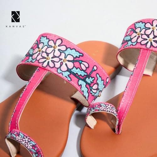 Kanvas Kolhapuri Chappal for Women - Flat Sandals - Ethnic Slippers - Stylish Slip-on - Comfortable - Traditional Footwear - Pink Floral Digital Art Design 5