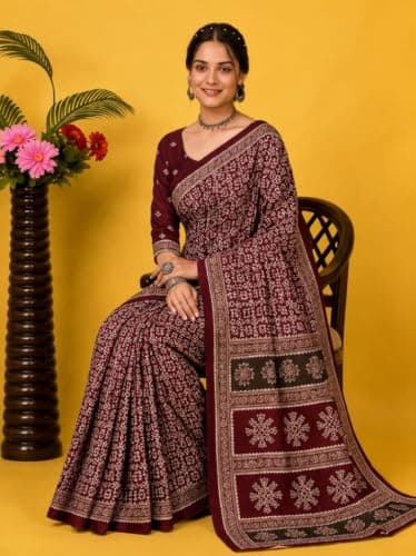 Vicart Elegant Printed Saree for Women with Traditional Ethnic Motifs, Designer Border and Matching Blouse Piece, Soft Comfortable Fabric for Festive, Party, Casual and Cultural Wear 4
