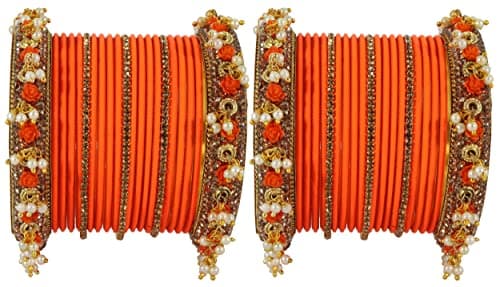NMII Metal with Base Metal and Studded with Zircon Gemstone and Pearl linked Latkan Pattern Chuda set for Women/Girls, (Orange_2.6 Inches), Pack Of 42 Bangles