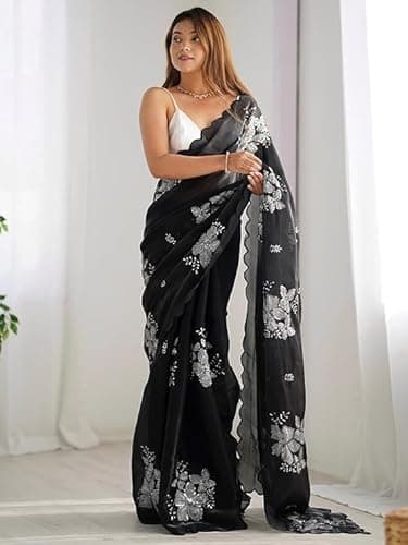 Flosive Women's Shimmer Organza Sequence Embroidery Saree With Unstitched Blouse Piece (BLACK) 3