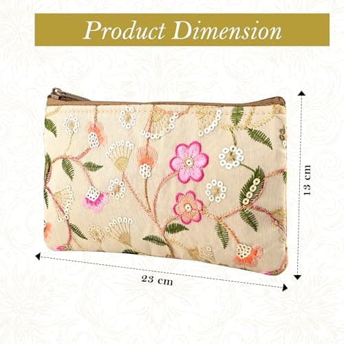 Kuber Industries 3 Pcs Traditional Hand Purse Ladies with Zip | Embroidery Wallet Purse for Women| Return Gift for Ladies | New Flower - Cream, Maroon & Light Pink 3