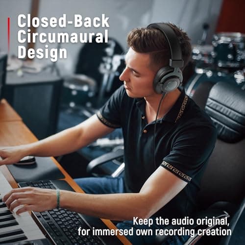 FIFINE Studio Monitor Headphones for Recording-Over-Ear Wired Headphones for Podcast Monitoring, Streaming Comfortable Equipment with Detachable Cables 3.5mm or 6.35mm Jack, Black, on PC/Mixer-H8 3