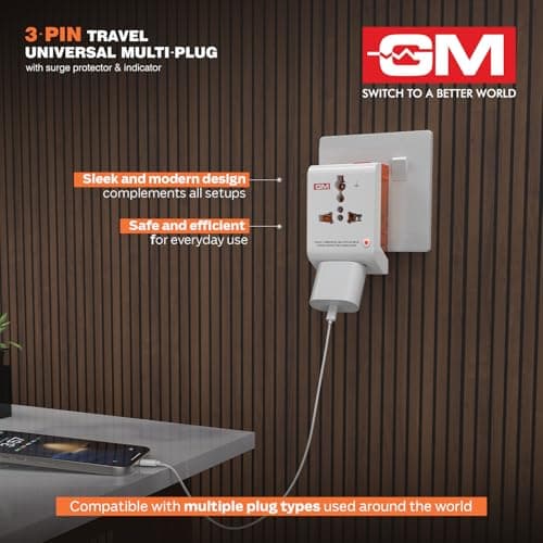 GM 3012 3-Pin Universal Multi Plug Fast Charging Travel Adapter | All-in-1 Worldwide Travel Adapter | Surge Protector | LED Indicator | Compact Design | Supports 150+ Countries | Safety Shutter 2