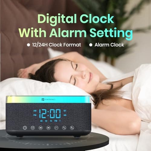 Portronics Trifusion 16W HD Sound Bluetooth Speaker with 15W Wireless Charging, 360°RGB LED Lights, Digital Clock with Alarm Setting, Built-in White Noise, USB/SD Card/AUX in, Type C Charging(Black) 4