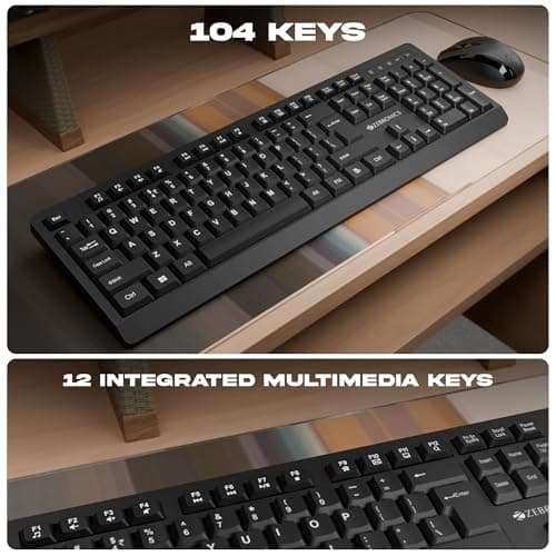 Zebronics Wireless Keyboard & Mouse Combo, 104 UV-Coated Keys, ₹ Key, 12 Multimedia Keys, Retractable Stand, 4 Button Mouse, 1600 DPI, High Precision, USB Nano Receiver (Companion 116, Black) 3