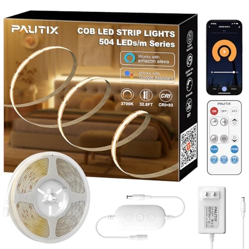 PAUTIX COB LED Strip Kit Warm White 2700K 504LEDs/m, CRI90+ 32.8ft/10m Dimmable 24V LED Strip Kit, Compatible with Alexa/Google Assistant, for DIY Lighting Under Cabinet Bedroom