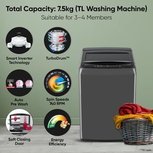 LG 7.5 Kg 5 Star Smart Inverter Technology Fully Automatic Top Load Washing Machine (T75VBMB1Z, Auto Prewash, Turbodrum, Stainless Steel drum, LED Display, Smart Diagnosis, Middle Black) 2