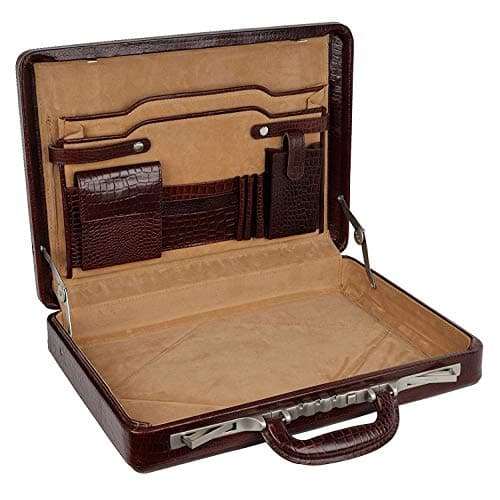 Reo Leather Men's Leather Briefcase Bag 15.6'' 18 L Laptop Compartment with Expandable Features High Security Italian Number Lock Combo (Brown) 4