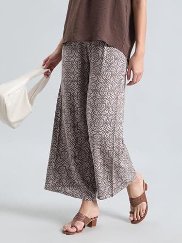 GO COLORS Soft Viscose Printed Palazzo Full Length for Women| Breathable, Mid Rise, Brown 3