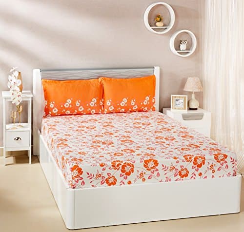 Amazon Brand - Solimo Jasmine Zest 144Tc 100% Cotton Double Bedsheet With 2 Pillow Covers, Peach, Floral | 144 TC