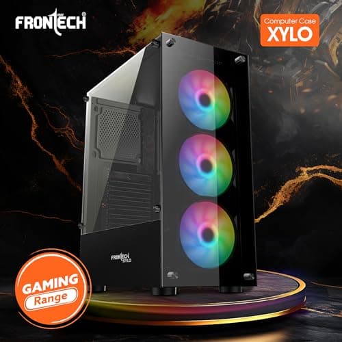FRONTECH Xylo Gaming Computer Cabinet with HD Audio | ATX Compatible with Tampered Glass Side Panel and Bottom SMPS Dock | 3x120 mm RGB Fan with Dust Filter, USB 3.0, 2xUSB 1.1 (FT4285, Black) 2