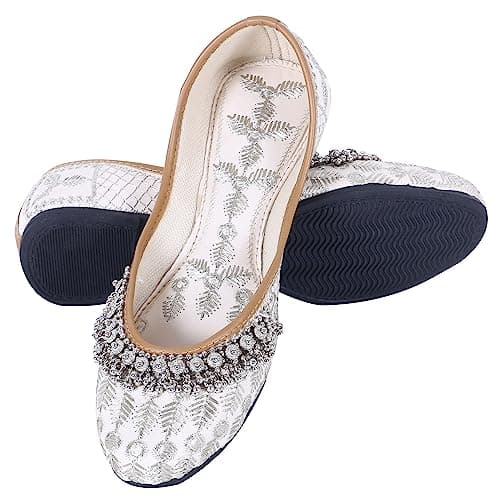 DFR Women Comfortable Cushioned Traditional Ethnic Rajasthani Embroidered with Payal Punjabi Style Mojari Jutti Fancy Bellies Shoe Woman Cream1, UK Size 8