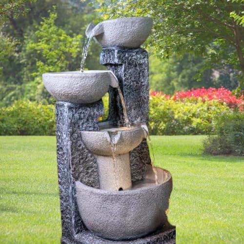 Shawshank Resin, Fiberglass 3ft Long 3 Bowl Grey Water Fountain for Indoor Outdoor Garden Home Decor, Stacked 4 Pot Water Fountain 2