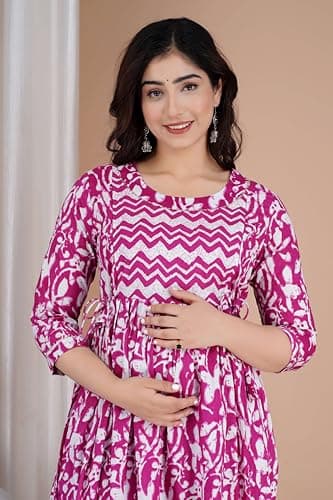 Murli Kurti Women Pure Cotton Regular Pure Cotton Floral Printed Gowns/Maternity Wear/Feeding Gown A-Line Maternity Feeding Dress Maternity Kurti Gown -(Purple-3XL) 5