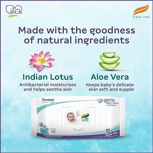 Himalaya Gentle Baby Wipes with Lid (72 x4 packs -288 Wipe) |100% Biodegradable Plant-based fabric | Indian Lotus & Aloe Vera | Skin Friendly PH| Extra Soft 5