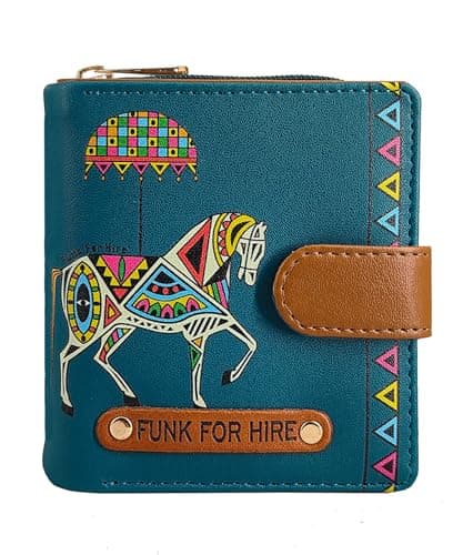 Funk For Hire Women’s Compact Wallet in Petrol Blue – Stylish Cartoon Print Leatherette Purse with Card Slots, Coin Pocket & Magnetic Closure – Handcrafted in India