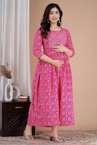 Murli Women's Pure Cotton Floral Printed Maternity Kurti Gown/Feeding Dress - A-line, Pink-3XL 5