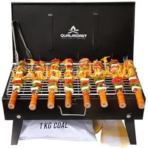 Qualiroast Barbeque Grill Charcoal- Barbeque Grill Set | Tandoori Grill for Home & BBQ Grill Set for Home | Barbecue Grill Chicken Maker with Accessories 8 skewers,1Grill,1kg Coal,1Tong,1Glove(Indian)