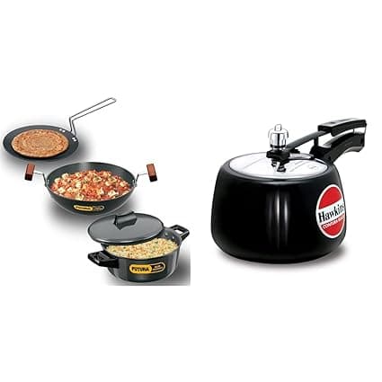 Hawkins Futura Hard Anodised Cookware, 4 Pieces Set (LS5) and Contura Hard Anodised Aluminium Pressure Cooker, 3 litres, Black