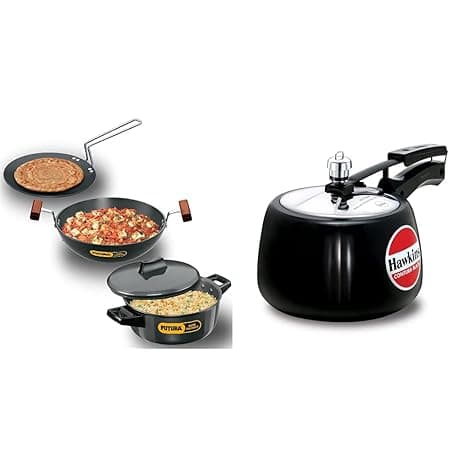 Hawkins Futura Hard Anodised Cookware, 4 Pieces Set (LS5) and Contura Hard Anodised Aluminium Pressure Cooker, 3 litres, Black