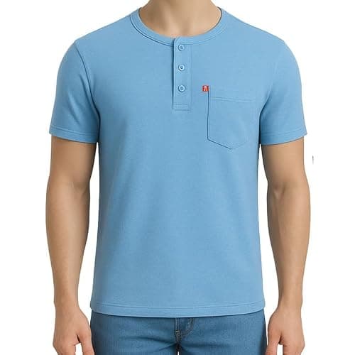 P3 Men's Coloured Henley T-Shirt | Pure Cotton | Half Sleeves | Regular FIT | Utility Front Pocket | Henley Collar | Sky Mist Blue (Large)
