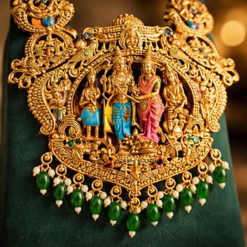 Visaga Aura Premium Sita Ramam Temple Jewellery Long Haram Set for Women | Antique Gold Plated Bridal Necklace with Rama Sita Lakshmi Motifs & Pearl Danglers | Traditional South Indian Wedding Jewelle 4
