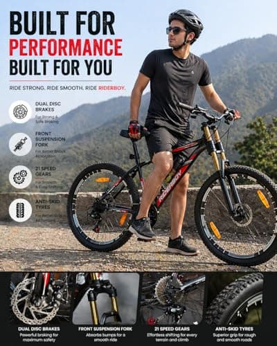 RIDERBOY 26T Steel Frame Mountain Bike with Double Crown Suspension, 21 Speed Gear, Disc Brakes, 18 Inch Frame 3