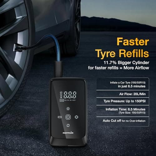 Reffair AIRSWIFT70 Car Tyre Inflator 150 PSI | Portable & Wireless I Power Bank & Emergency Light | Rechargeable Battery + DC12V Dual Use | Type C Port I Digital Display I Multiple Nozzles 5