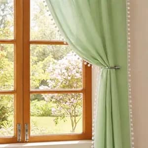 HOMEMONDE Premium Cotton 5 Feet Curtain Sheer Semi Transparent Drapes for Living Room, 2 Sides Border Pompoms, Rod Pocket Top Style - Mint Green