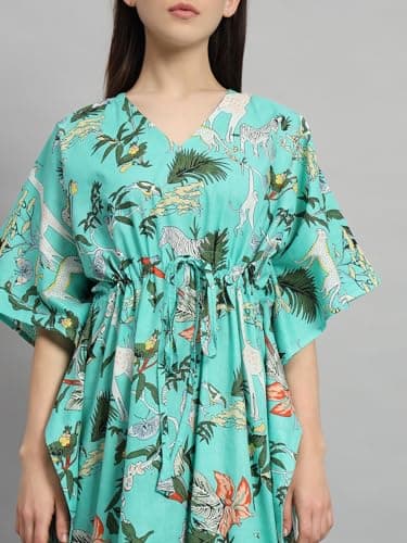 Ravaiyaa - Attitude is everything Women's 100% Cotton Printed Kimono Sleeves V-Neck with Adjustable Drawstring Long Kaftan (Turquoise) 5