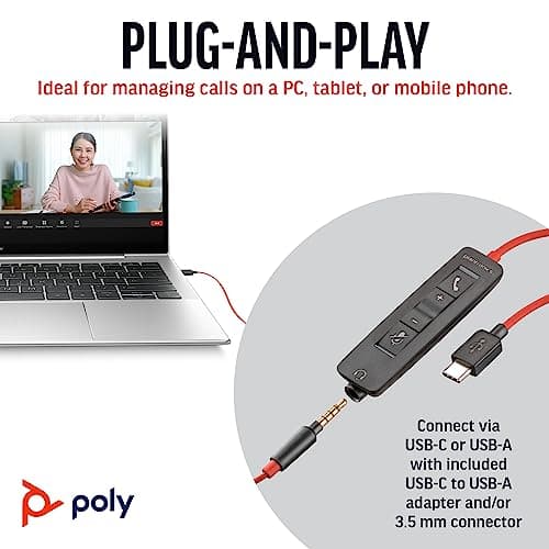 Poly (Plantronics) Blackwire 3225 USB-C Headset, On Ear w/Noise-canceling mic, Connect to Mobile/Tablet via USB-C/A, Lightweight Metal Headband, Works w/Teams, Zoom and More, Black, 8G0X1AA 5