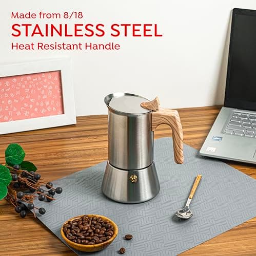 Sipologie Induction Moka Pot Espresso Maker, 220ml, Stovetop and Induction Heater Compatible, Premium 18/8 Stainless Steel, Wood Design Handle Coffee Percolator 3