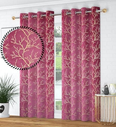 Panipat Textile Curtain Heavy Velvet Fabric Room Darkening Tree Design Curtains 8 Feet for Door, English Wine, Pack of 2 Pieces 2