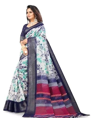 Cotton Floral Printed Saree, Blue and White, Traditional Indian Ethnic Wear
