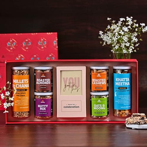 Omay Foods 8 Pcs Blissful Delights Premium Corporate Gift Hamper | Saffron Cashews, Almonds & Healthy Snacks, Chocolate & Custom Diary | Promotion, Work Anniversary & Employee Appreciation | Luxury Ha