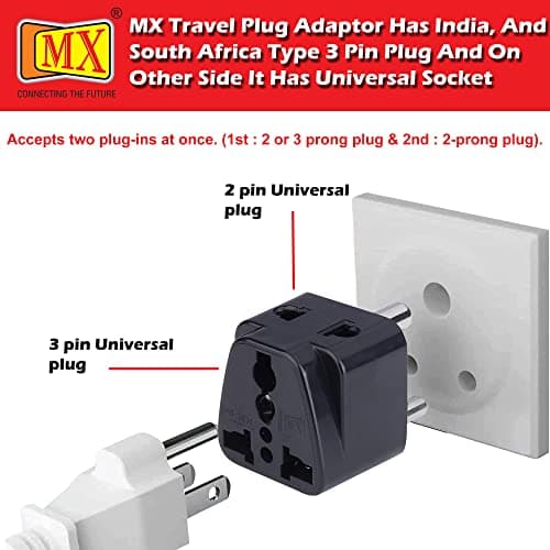 MX Universal Travel Adapter Type D to India – 2‑in‑1 Conversion Plug for UK/USA/China/EU – Surge Protection & Safety Shutters – Black 4