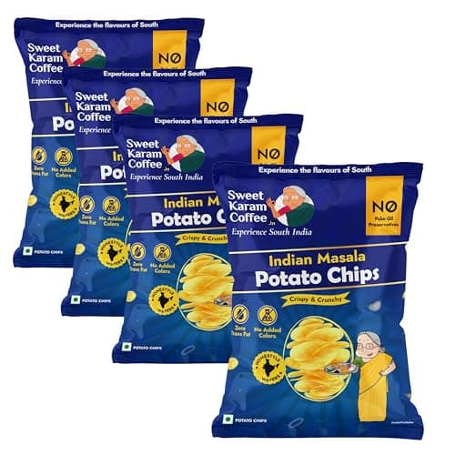 Sweet Karam Coffee Potato Chips | Indian Masala Flavor – Pack of 4 (60g each) | No Palm Oil & Preservatives | Handcrafted Crispy Potato Wafers | Authentic South Indian Crunchy Tea-Time Snack