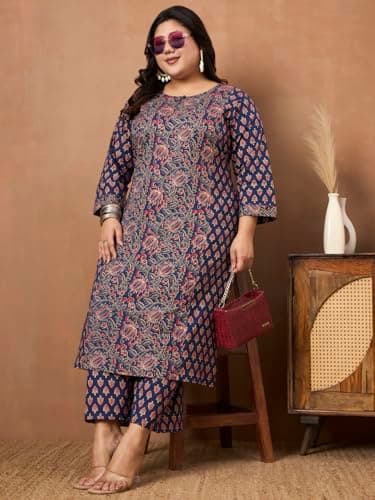 Tissu Plus Size Women's Dark Blue Floral Printed Kurta Palazzo Set (Plus-806_Dark Blue_7XL) 4