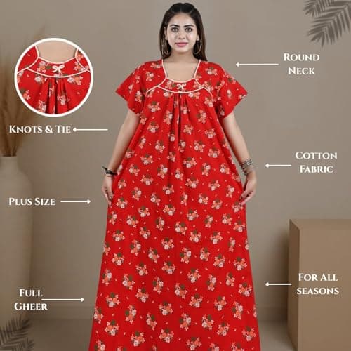 Bejod's Collection Women's Nighty Cotton Maxi Nightdress – Printed Floral Full-Length Nightgown, Plus Size Loose Fit Sleepwear Summer Nightwear for Women XL-3XL (Red, XXL) 5