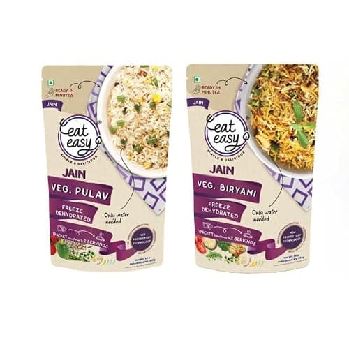 Eat Easy Ready To Eat Jain Meal Combo- Veg Biryani & Pulav (95g Each) | No Garlic No Onion Ready to Eat & Cook Travel Food | Freeze Dehydrated | 100% Veg | No Preservatives | Just Add Water