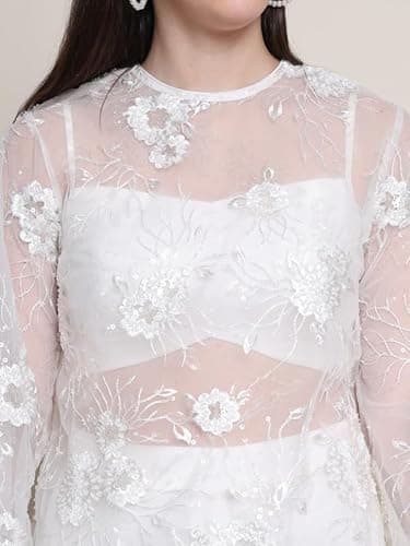 Inara, Relaxed Fit embroided Net Indo western Kurta set (White) 5