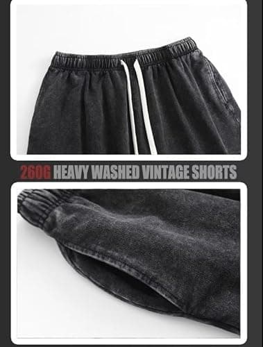 BE SAVAGE Men’s 260 GSM Heavyweight Acid Wash Shorts | Vintage Gym & Summer Shorts | Relaxed Fit Knee-Length with Drawstring (Acide Black, XL) 4